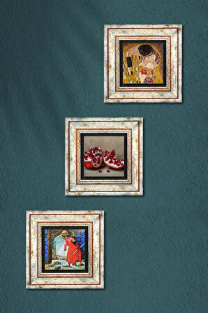 Gustav Klimt Öpücük, Kaplumbağa Terbiyecisi, Nar Taş Duvar Tablosu Çerçeveli Duvar Dekoru 3 Parça Tablo Seti Wall Art