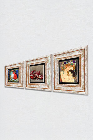 Gustav Klimt Anne Çocuk, Kaplumbağa Terbiyecisi, Nar Taş Duvar Tablosu Çerçeveli Duvar Dekoru 3 Parça Tablo Seti Wall Art