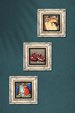 Gustav Klimt Anne Çocuk, Kaplumbağa Terbiyecisi, Nar Taş Duvar Tablosu Çerçeveli Duvar Dekoru 3 Parça Tablo Seti Wall Art