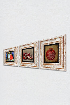 Bereket Duası, Kaplumbağa Terbiyecisi, Nar Taş Duvar Tablosu Çerçeveli Duvar Dekoru 3 Parça Tablo Seti Wall Art