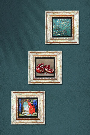 Van Gogh Badem Ağacı, Kaplumbağa Terbiyecisi, Nar Taş Duvar Tablosu Çerçeveli Duvar Dekoru 3 Parça Tablo Seti Wall Art