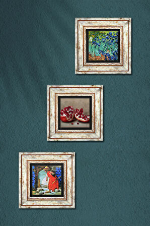 Van Gogh İrisler, Kaplumbağa Terbiyecisi, Nar Taş Duvar Tablosu Çerçeveli Duvar Dekoru 3 Parça Tablo Seti Wall Art