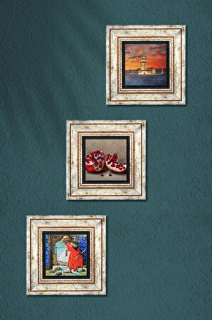 İstanbul Kız Kulesi, Kaplumbağa Terbiyecisi, Nar Taş Duvar Tablosu Çerçeveli Duvar Dekoru 3 Parça Tablo Seti Wall Art