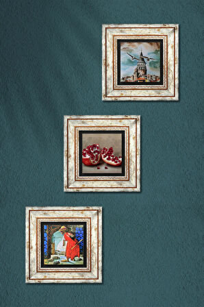 İstanbul Galata Kulesi, Kaplumbağa Terbiyecisi, Nar Taş Duvar Tablosu Çerçeveli Duvar Dekoru 3 Parça Tablo Seti Wall Art