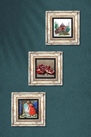 İstanbul Ayasofya, Kaplumbağa Terbiyecisi, Nar Taş Duvar Tablosu Çerçeveli Duvar Dekoru 3 Parça Tablo Seti Wall Art