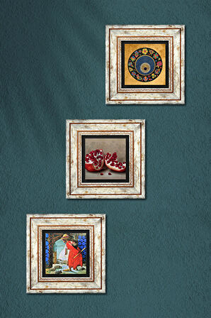 Nazar Boncuğu, Kaplumbağa Terbiyecisi, Nar Taş Duvar Tablosu Çerçeveli Duvar Dekoru 3 Parça Tablo Seti Wall Art