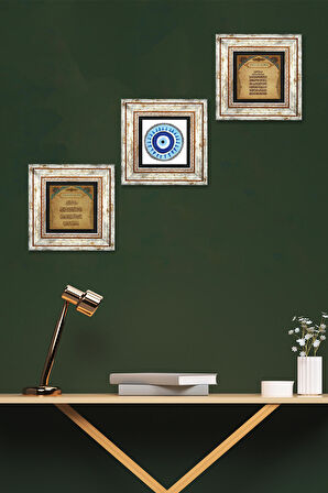 Nazar Duası, Ayet-el Kürsi, Nazar Taş Duvar Tablosu Çerçeveli Duvar Dekoru 3 Parça Tablo Seti Wall Art
