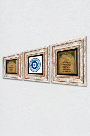 Nazar Duası, Ayet-el Kürsi, Nazar Taş Duvar Tablosu Çerçeveli Duvar Dekoru 3 Parça Tablo Seti Wall Art