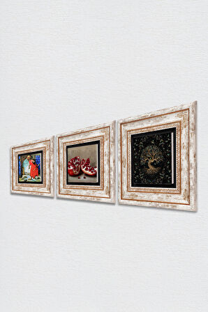 Hayat Ağacı, Kaplumbağa Terbiyecisi, Nar Taş Duvar Tablosu Çerçeveli Duvar Dekoru 3 Parça Tablo Seti Wall Art