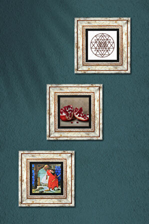 Sri Yantra, Kaplumbağa Terbiyecisi, Nar Taş Duvar Tablosu Çerçeveli Duvar Dekoru 3 Parça Tablo Seti Wall Art