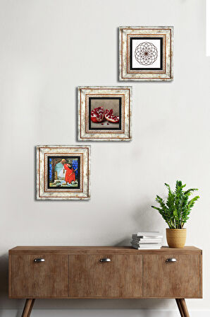Yaşam Çiçeği, Kaplumbağa Terbiyecisi, Nar Taş Duvar Tablosu Çerçeveli Duvar Dekoru 3 Parça Tablo Seti Wall Art