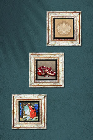 Lotus Çiçeği, Kaplumbağa Terbiyecisi, Nar Taş Duvar Tablosu Çerçeveli Duvar Dekoru 3 Parça Tablo Seti Wall Art