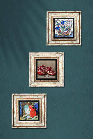 Çini Sanatı Yelkenli Gemi, Kaplumbağa Terbiyecisi, Nar Taş Duvar Tablosu Çerçeveli Duvar Dekoru 3 Parça Tablo Seti Wall Art