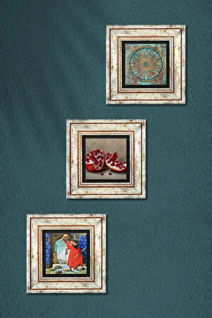 Yaşam Çiçeği, Kaplumbağa Terbiyecisi, Nar Taş Duvar Tablosu Çerçeveli Duvar Dekoru 3 Parça Tablo Seti Wall Art