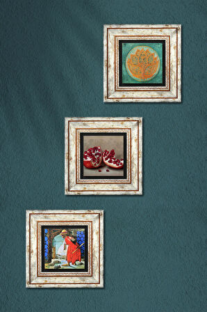 Lotus Çiçeği, Kaplumbağa Terbiyecisi, Nar Taş Duvar Tablosu Çerçeveli Duvar Dekoru 3 Parça Tablo Seti Wall Art