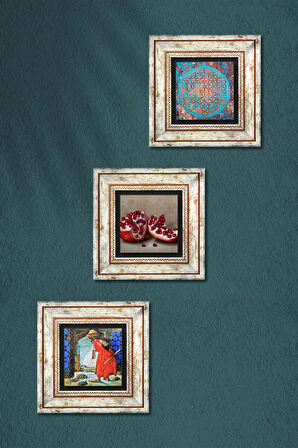 Yaşam Çiçeği, Kaplumbağa Terbiyecisi, Nar Taş Duvar Tablosu Çerçeveli Duvar Dekoru 3 Parça Tablo Seti Wall Art