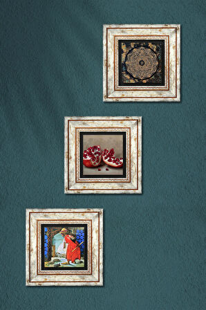 Sri Yantra, Kaplumbağa Terbiyecisi, Nar Taş Duvar Tablosu Çerçeveli Duvar Dekoru 3 Parça Tablo Seti Wall Art