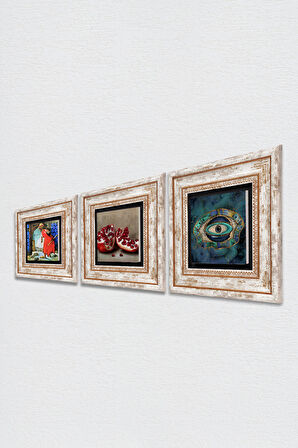 Nazar, Kaplumbağa Terbiyecisi, Nar Taş Duvar Tablosu Çerçeveli Duvar Dekoru 3 Parça Tablo Seti Wall Art