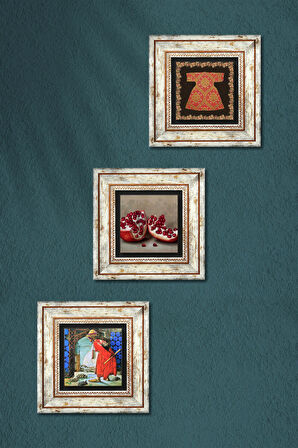 Hırka-i Şerif, Kaplumbağa Terbiyecisi, Nar Taş Duvar Tablosu Çerçeveli Duvar Dekoru 3 Parça Tablo Seti Wall Art