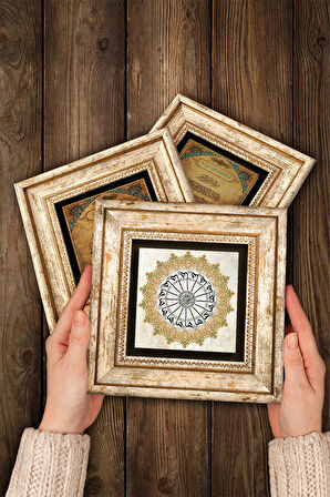 Elif-Vav, Şems Suresi Taş Duvar Tablosu Çerçeveli Duvar Dekoru 3 Parça Tablo Seti Wall Art