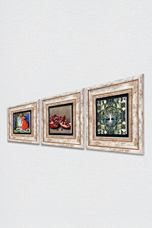 Hayat Ağacı, Kaplumbağa Terbiyecisi, Nar Taş Duvar Tablosu Çerçeveli Duvar Dekoru 3 Parça Tablo Seti Wall Art