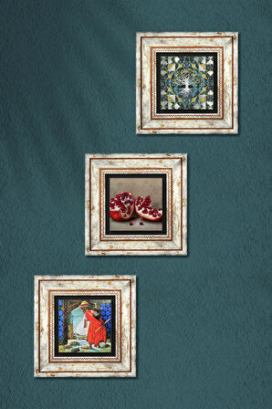 Hayat Ağacı, Kaplumbağa Terbiyecisi, Nar Taş Duvar Tablosu Çerçeveli Duvar Dekoru 3 Parça Tablo Seti Wall Art