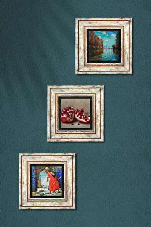 Claude Monet Sonbahar, Kaplumbağa Terbiyecisi, Nar Taş Duvar Tablosu Çerçeveli Duvar Dekoru 3 Parça Tablo Seti Wall Art