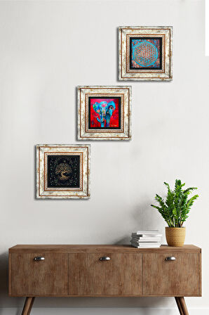 Fil, Yaşam Çiçeği, Hayat Ağacı Taş Duvar Tablosu Çerçeveli Duvar Dekoru 3 Parça Tablo Seti Wall Art