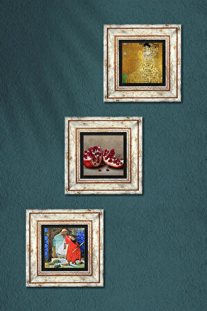 Gustav Klimt Bauer'in Portresi, Kaplumbağa Terbiyecisi, Nar Taş Duvar Tablosu Çerçeveli Duvar Dekoru 3 Parça Tablo Seti Wall Art