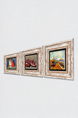 Van Gogh Balıkçı Tekneleri, Kaplumbağa Terbiyecisi, Nar Taş Duvar Tablosu Çerçeveli Duvar Dekoru 3 Parça Tablo Seti Wall Art