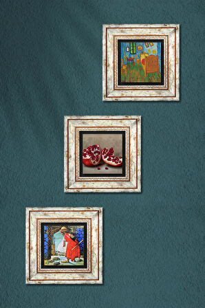 Van Gogh Yatak Odası, Kaplumbağa Terbiyecisi, Nar Taş Duvar Tablosu Çerçeveli Duvar Dekoru 3 Parça Tablo Seti Wall Art