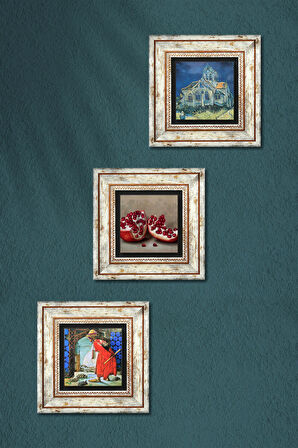 Van Gogh Auvers'deki Kilise, Kaplumbağa Terbiyecisi, Nar Taş Duvar Tablosu Çerçeveli Duvar Dekoru 3 Parça Tablo Seti Wall Art