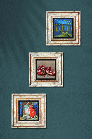 Van Gogh Ren Nehri, Kaplumbağa Terbiyecisi, Nar Taş Duvar Tablosu Çerçeveli Duvar Dekoru 3 Parça Tablo Seti Wall Art