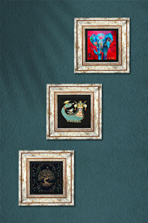 Fil, Hayat Ağacı, Şahmeran Taş Duvar Tablosu Çerçeveli Duvar Dekoru 3 Parça Tablo Seti Wall Art