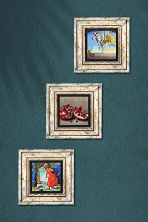 Salvador Dalí, Kaplumbağa Terbiyecisi, Nar Taş Duvar Tablosu Çerçeveli Duvar Dekoru 3 Parça Tablo Seti Wall Art