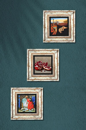 Salvador Dalí Belleğin Azmi, Kaplumbağa Terbiyecisi, Nar Taş Duvar Tablosu Çerçeveli Duvar Dekoru 3 Parça Tablo Seti Wall Art