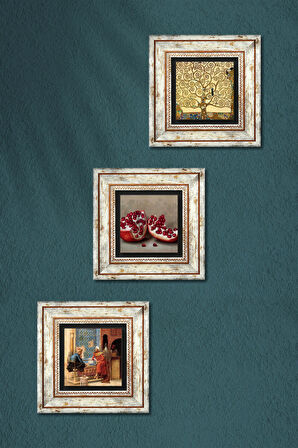 Gustav Klimt Hayat Ağacı, Satranç Oyunu, Nar Taş Duvar Tablosu Çerçeveli Duvar Dekoru 3 Parça Tablo Seti Wall Art