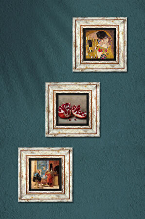 Gustav Klimt Öpücük, Satranç Oyunu, Nar Taş Duvar Tablosu Çerçeveli Duvar Dekoru 3 Parça Tablo Seti Wall Art