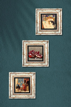 Gustav Klimt Anne Çocuk, Satranç Oyunu, Nar Taş Duvar Tablosu Çerçeveli Duvar Dekoru 3 Parça Tablo Seti Wall Art