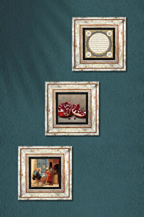 Hilye-i Şerif, Satranç Oyunu, Nar Taş Duvar Tablosu Çerçeveli Duvar Dekoru 3 Parça Tablo Seti Wall Art