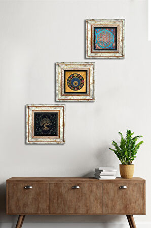 Yaşam Çiçeği, Hayat Ağacı, Nazar Taş Duvar Tablosu Çerçeveli Duvar Dekoru 3 Parça Tablo Seti Wall Art