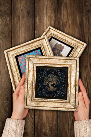 Yaşam Çiçeği, Hayat Ağacı, Nazar Taş Duvar Tablosu Çerçeveli Duvar Dekoru 3 Parça Tablo Seti Wall Art