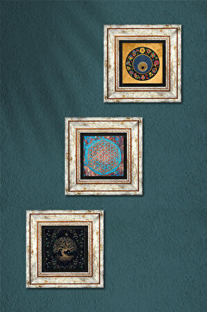 Yaşam Çiçeği, Hayat Ağacı, Nazar Taş Duvar Tablosu Çerçeveli Duvar Dekoru 3 Parça Tablo Seti Wall Art