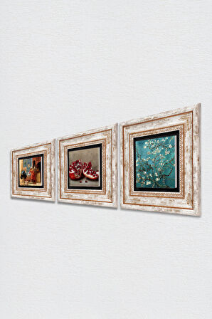 Van Gogh Badem Ağacı, Satranç Oyunu, Nar Taş Duvar Tablosu Çerçeveli Duvar Dekoru 3 Parça Tablo Seti Wall Art