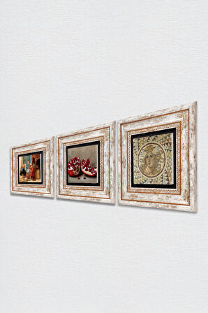 Mozaik Serisi, Satranç Oyunu, Nar Taş Duvar Tablosu Çerçeveli Duvar Dekoru 3 Parça Tablo Seti Wall Art