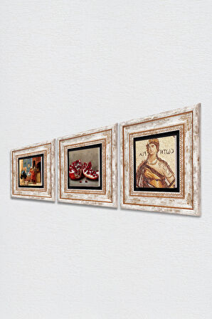 Soteria Mozaiği, Satranç Oyunu, Nar Taş Duvar Tablosu Çerçeveli Duvar Dekoru 3 Parça Tablo Seti Wall Art