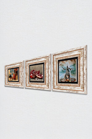 İstanbul Galata Kulesi, Satranç Oyunu, Nar Taş Duvar Tablosu Çerçeveli Duvar Dekoru 3 Parça Tablo Seti Wall Art
