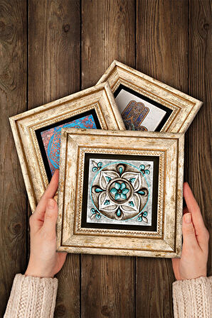 Çini Sanatı Taş Duvar Tablosu Çerçeveli Duvar Dekoru 3 Parça Tablo Seti Wall Art