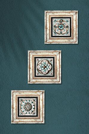 Çini Sanatı Taş Duvar Tablosu Çerçeveli Duvar Dekoru 3 Parça Tablo Seti Wall Art