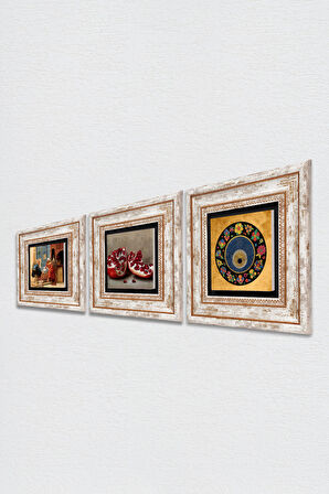 Nazar Boncuğu, Satranç Oyunu, Nar Taş Duvar Tablosu Çerçeveli Duvar Dekoru 3 Parça Tablo Seti Wall Art